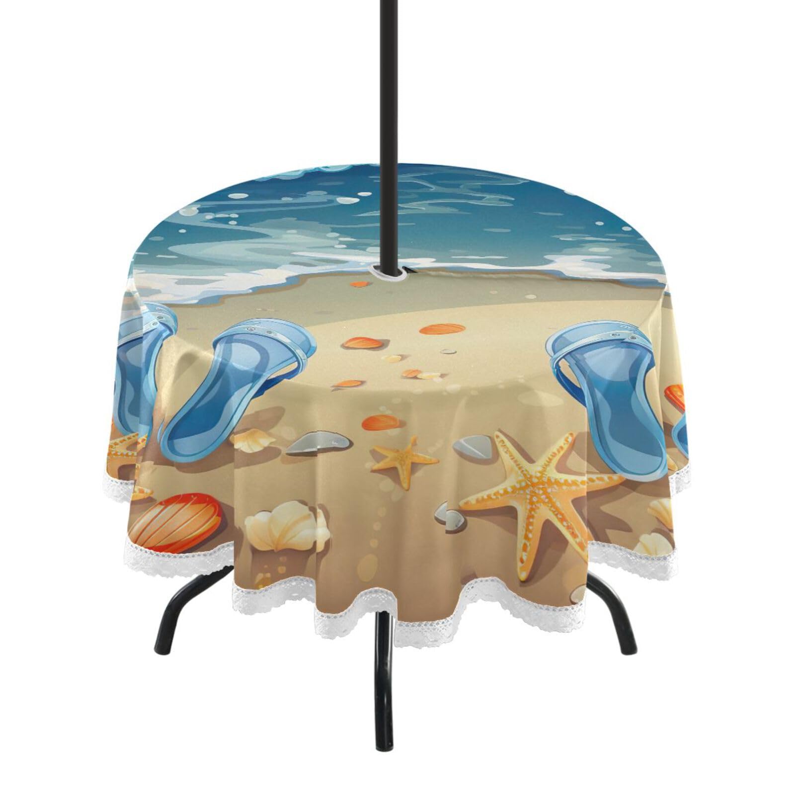 Waassud Beach Outdoor Tablecloth with Umbrella Hole Round Table Cloths 60 Inch with Zipper Spillproof Tablecloth with Parasol Hole