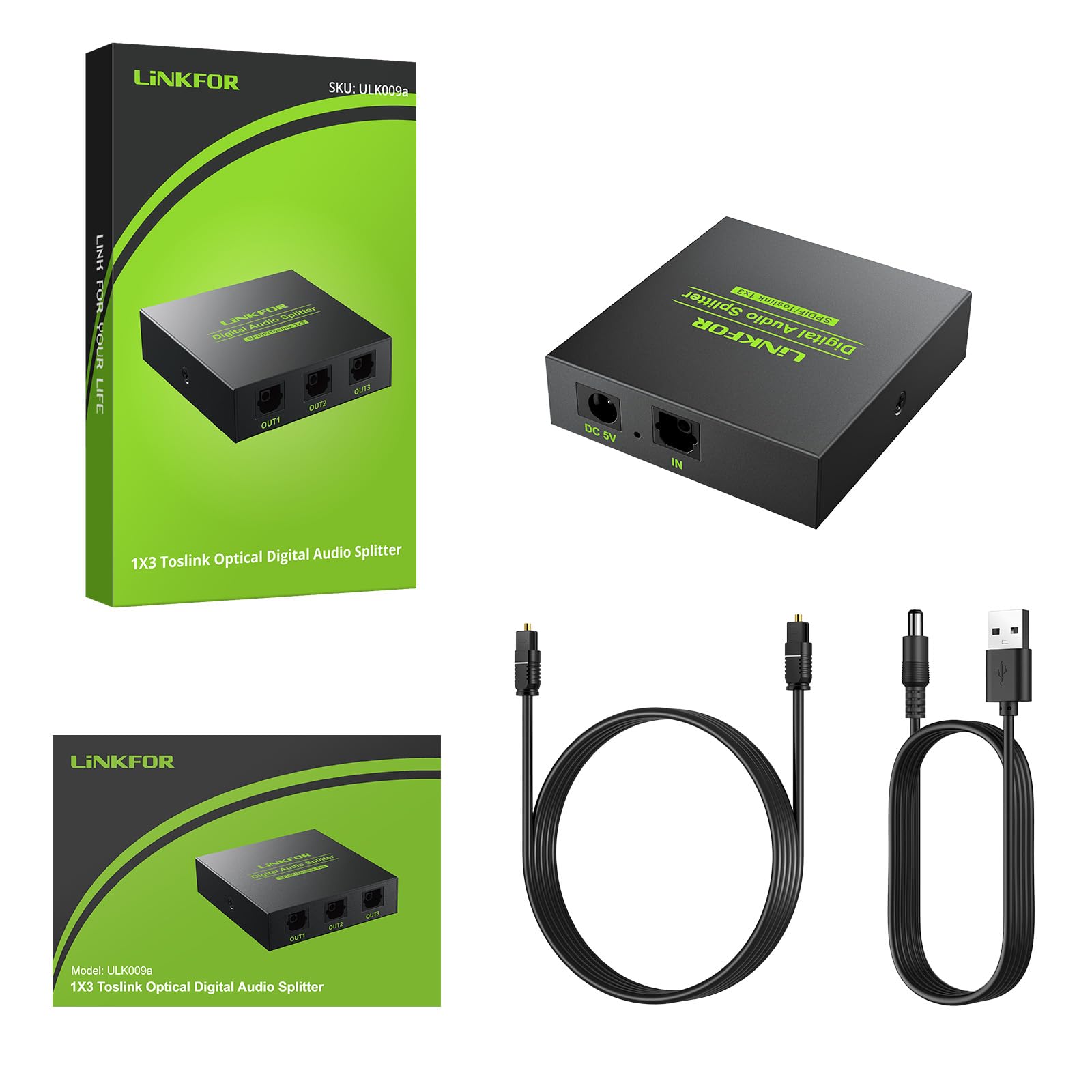 LiNKFOR Répartiteur audio optique 1 x 3 SPDIF Toslink en alliage d'aluminium 1 entrée 3 sorties prend en charge LPCM 2.0 DTS pour Dolby-AC3 Compatible avec PS3 DVD HDTV STB