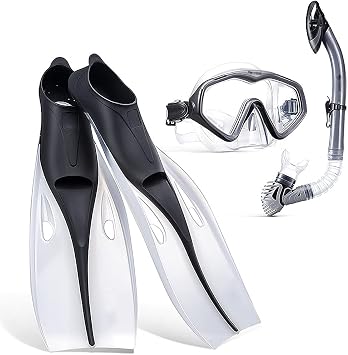 Snorkeling Set Wide View Diving Mask Swimming Fins Snorkeling Flippers Dry Snorkel Set Full Foot Pocket Fins Anti-Fog Lens Color Black Size Medium