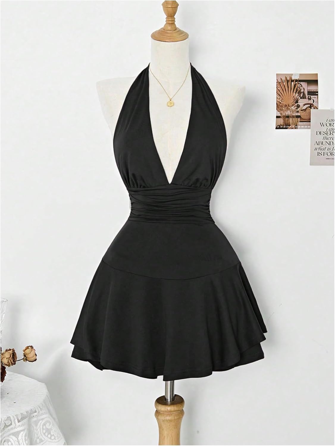 Women's Y2k Halter Dress Sexy Ruched Tie Backless Tiered Layer Mini Dresses Deep V Neck Club Party A Line Short Dress - Image 5