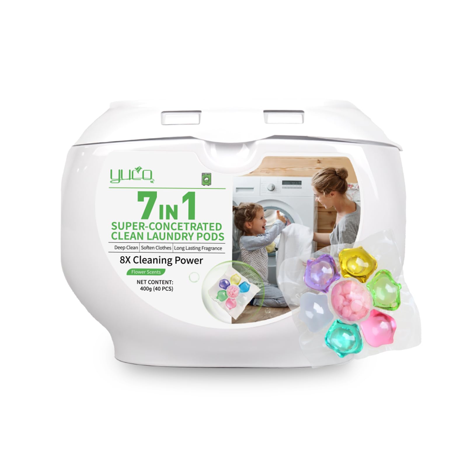 YUCO Laundry Pods Detergent 7-in-1 Super Cleaning PowerHypoallergenic &amp; Ultra Concentrated Laundry Liquid Pods HE Compatible Washing Detergent with Long-Lasting Mixed Floral Fragrance 32 Loads