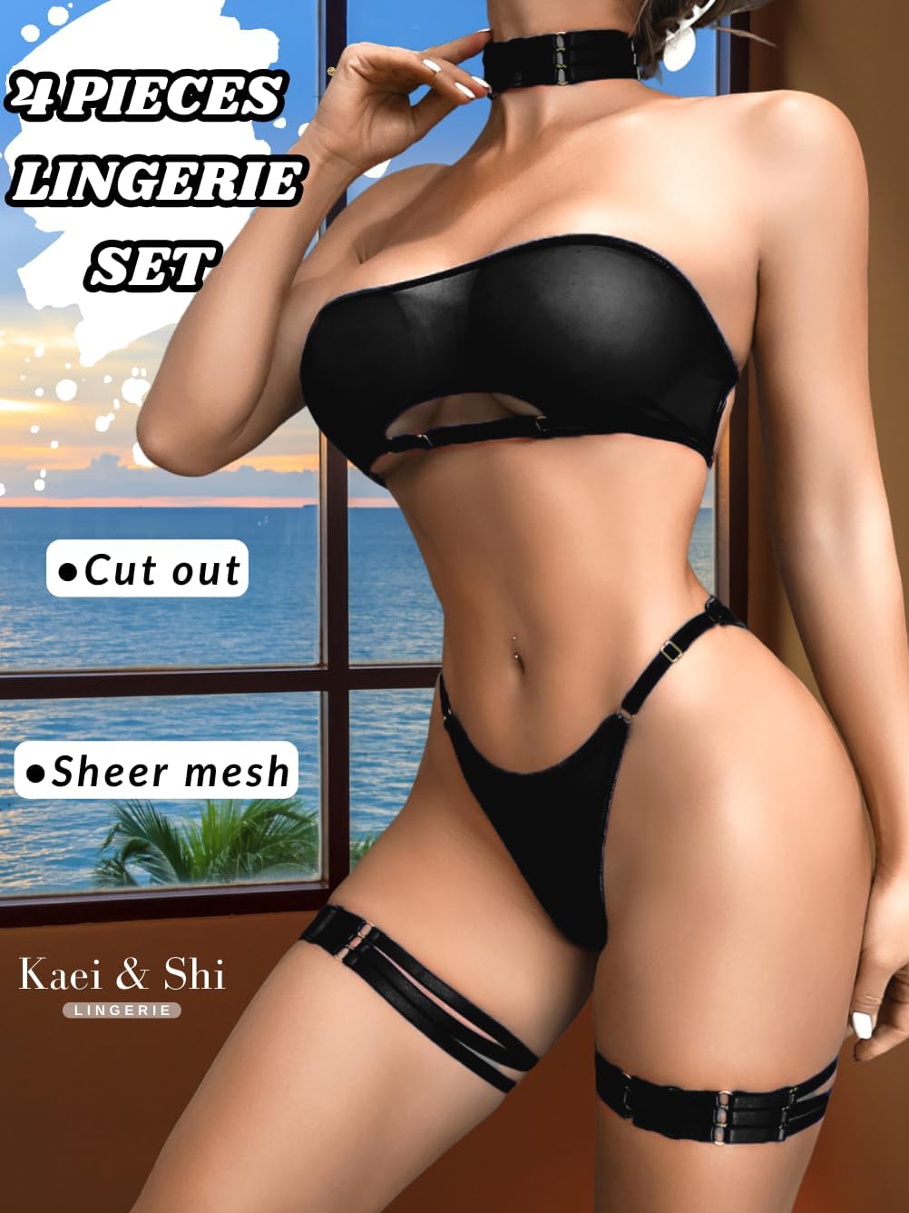 Kaei&Shi Sheer Mesh Lingerie Set, Sexy Bra And Panty 4PC, Strapless Choker - Image 2