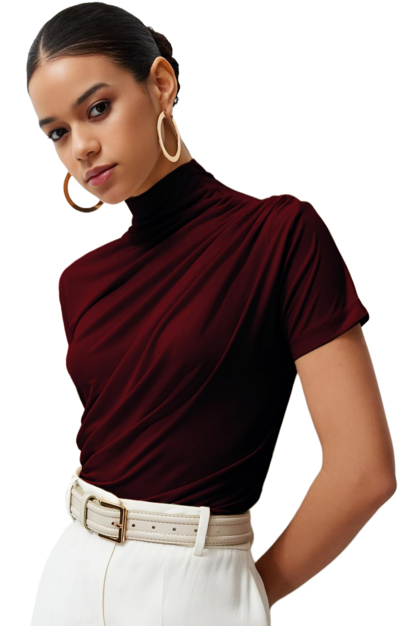 SIGHTBOMB Women Cotton Half Sleeves DARPED SKIMS Gathered Ruched FRONTFLOW Ultra Soft Microfiber SOFTLINE Cuddle TEE TOP (in, Alpha, S, Regular, Wine)
