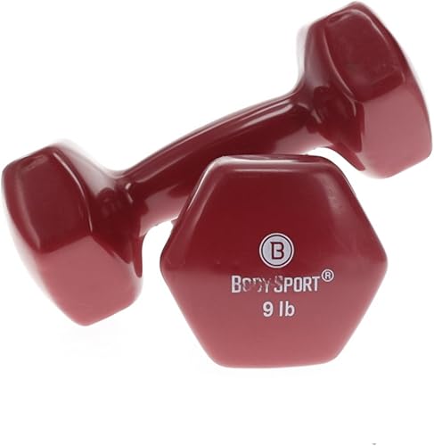 Body Sport Peso de mancuerna con revestimiento de vinilo, 9 libras (par) - Equipo de entrenamiento de fuerza para entrenamientos de fitness y