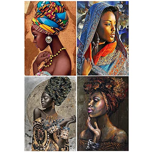 DCIDBEI Black African Cultural Diamond Art 4 Pack 30x40cm Ddiamond Art African Women Pictures for Living Room African Wall Art Diamond Painting Black Girl African Adult Painting by Numbers Kits