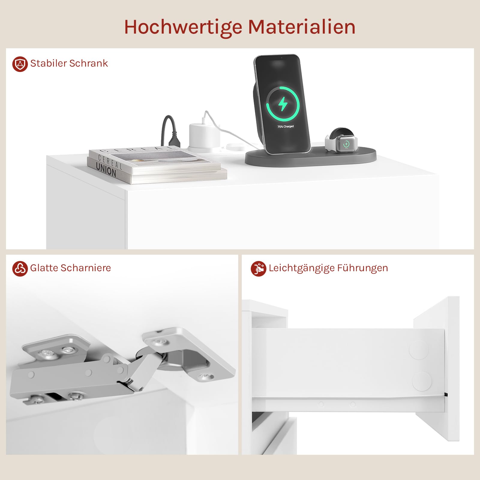 WOLTU Nachttisch 2er Set, mit Steckdose, Nachtschrank mit LED-Beleuchtung, weiß, 2 Schubladen und 1 Ablagefach, 40 x 35 x 55 cm, geeignet für Schlafzimmer, Wohnzimmer, moderner Stil, NTS23ws-2