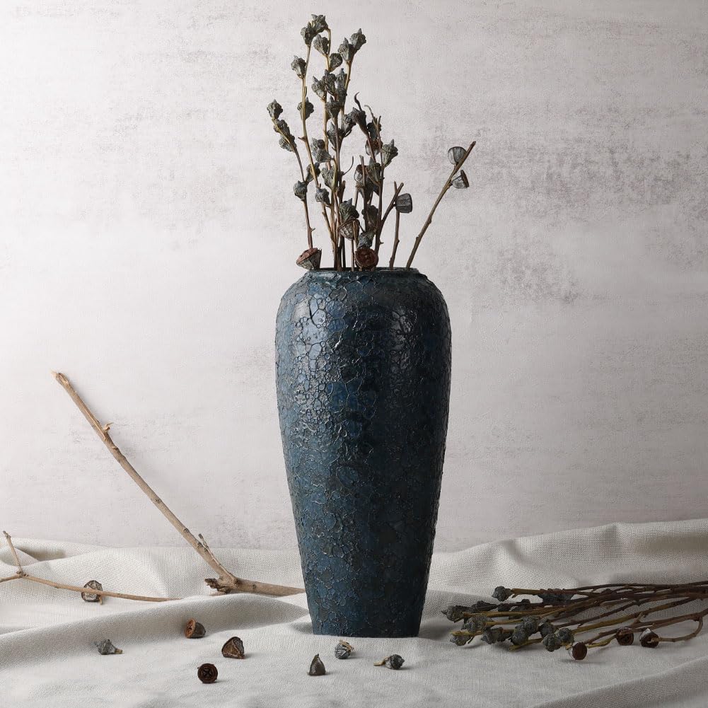 13" Tall Blue Ceramic Vase - Rustic Pottery Accent for Centerpieces, Decorative Flower Container for Living Room, Table, Kitchen, Office or Entryway, Modern Large Home Decor Piece - Image 6