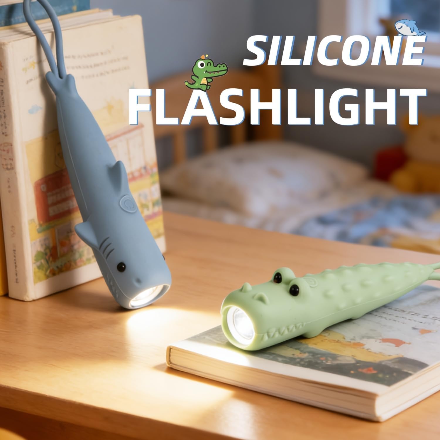Creative Animal Flashlight for Kids - USB Rechargeable Portable Handheld Light, Cute Shark and Crocodile Cartoon LED Torch, 2 Brightness Modes for Camping Reading Emergency, Fun Boys Girls