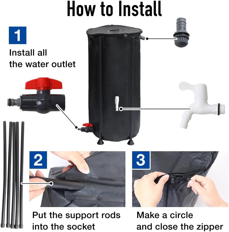 Japard 16 Inch Slim Rain Barrel Water Tank Collapsible Indoor Outdoor 26 Gallon Rainwater Storage from Gutter Upgraded Leakproof Spigot Downspout Catcher with Filter Black 100L