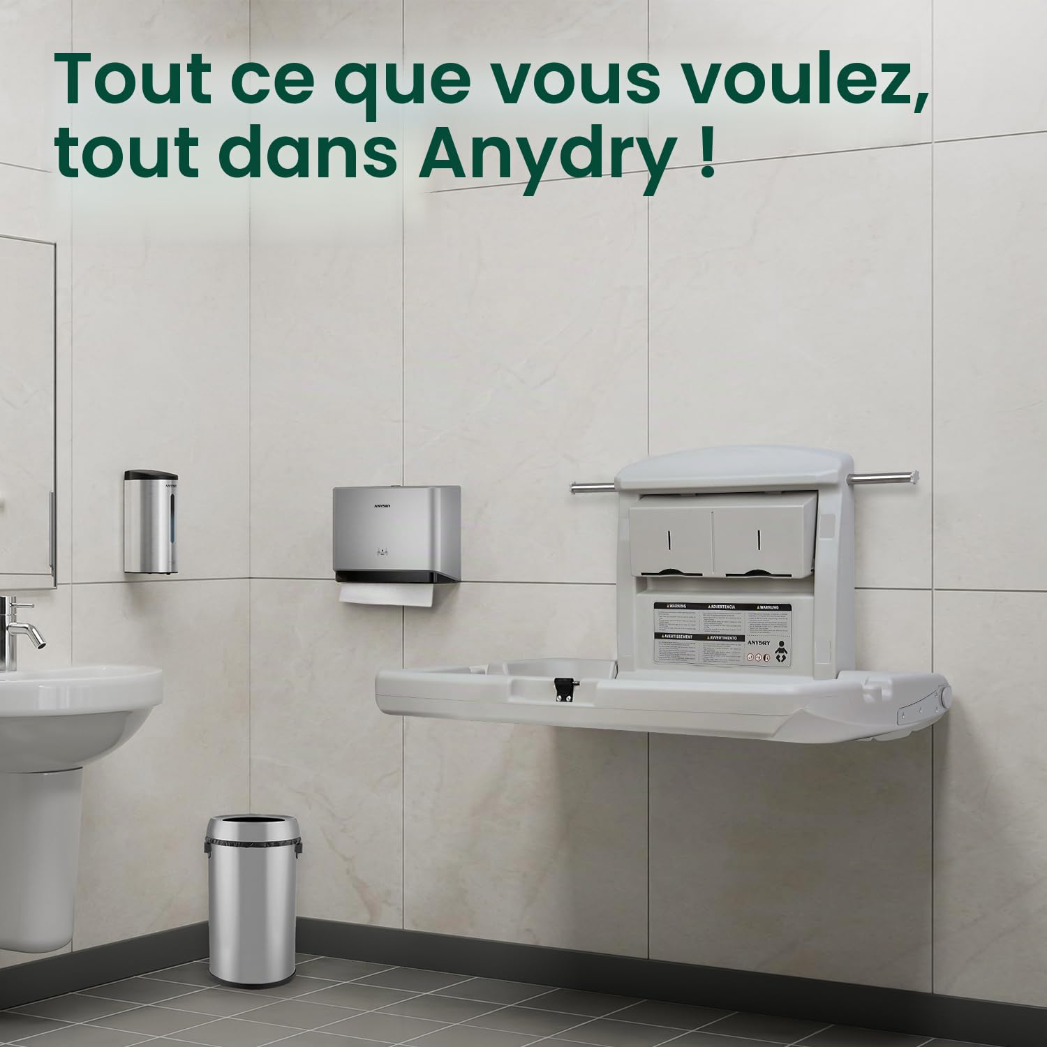 anydry Table à langer murale durable, Design robuste avec sangles de sécurité, Économiseur d'espace rabattable, en blanc grisâtre élégant