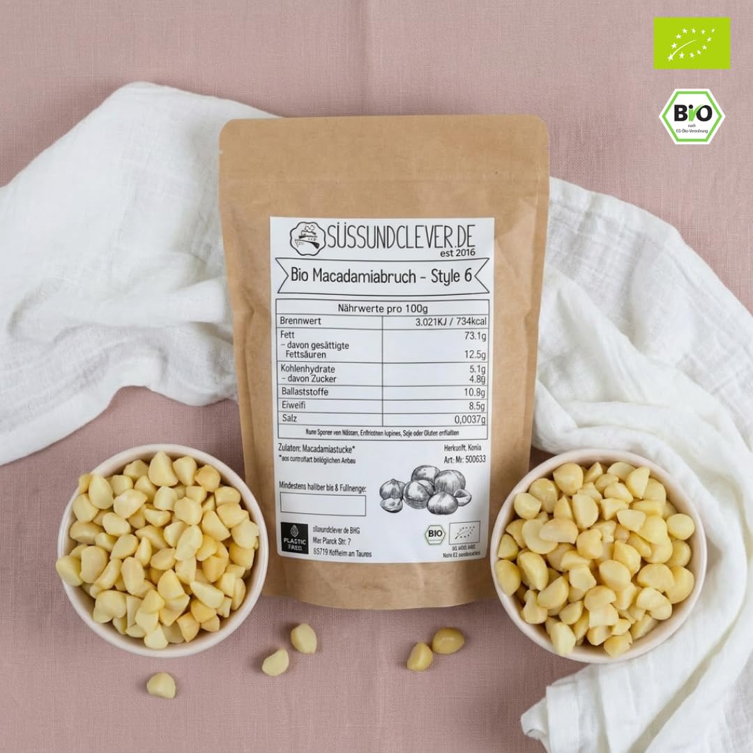 süssundclever.de® Bio Macadamiabruch | Macadamiakerne | 1,0 kg | Macadamia | Style 6 | plastikfrei und ökologisch-nachhaltig abgepackt