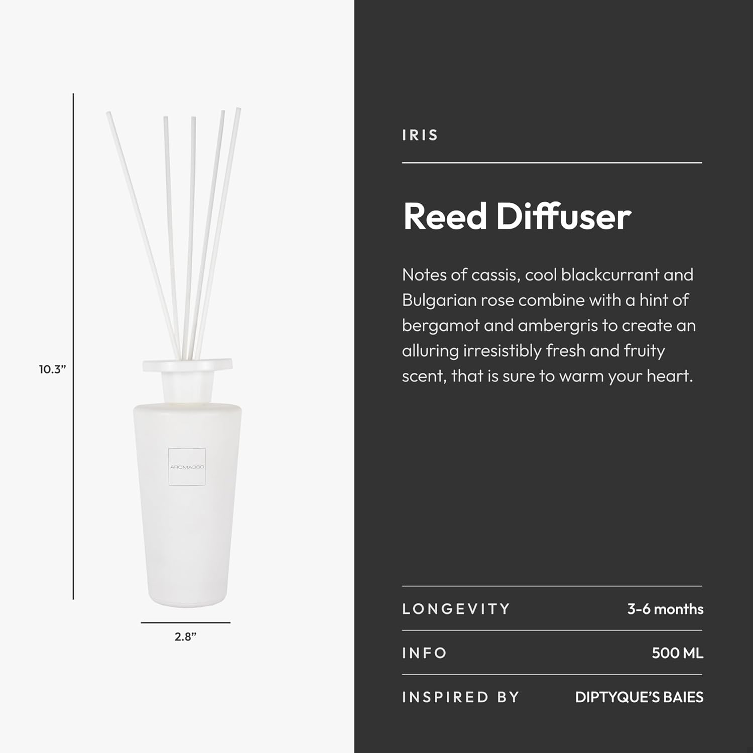 Aroma360 - Iris Reed Diffuser Set - Luxury Hotel Inspired with Hints of Bergamot and Ambergris - Lasting 4 Month Longevity - 500ML