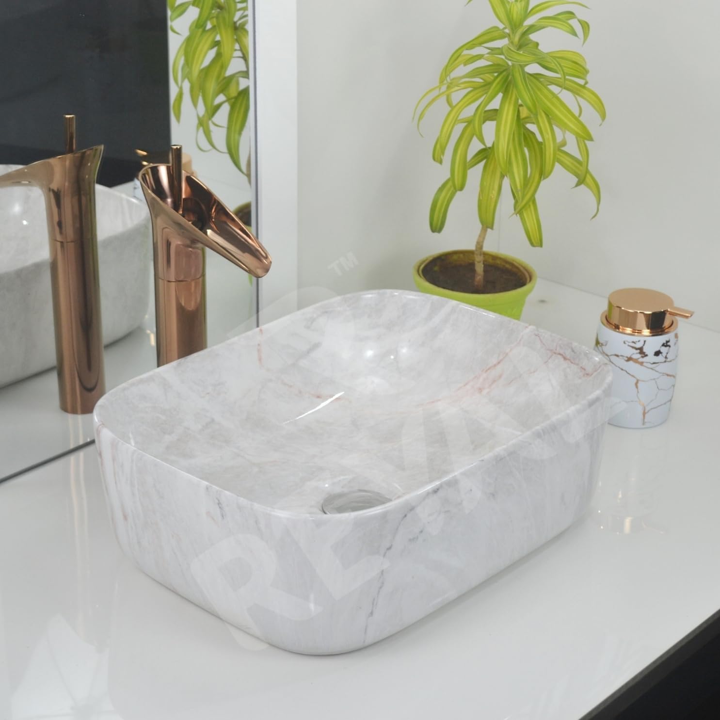 Reyal Marble Wash Basin - Ivory Gold Vessel Sink -24