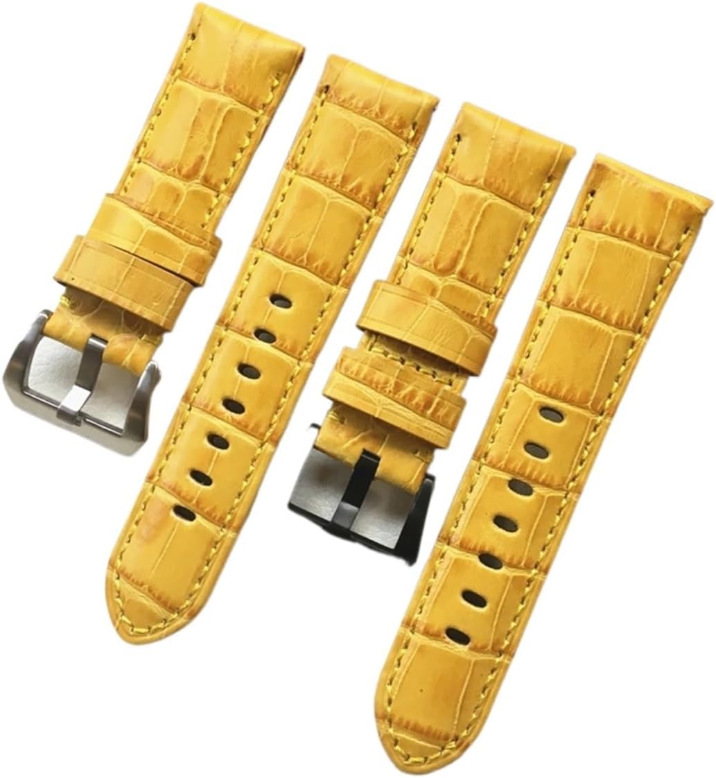 MJMT06 24MM Yellow Crocodile Pattern Genuine Leather Watchband Watch Strap Replace Compatible with Compatible with PAM441 PAM111 Pilot Bracelet Pin Buckle