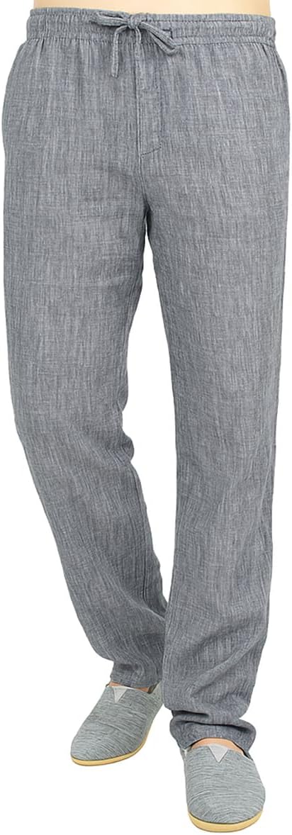 Mens Casual 100% Linen Pants, Loose Fit Drawstring Elastic Waist Lightweight Summer Beach Yoga Trousers