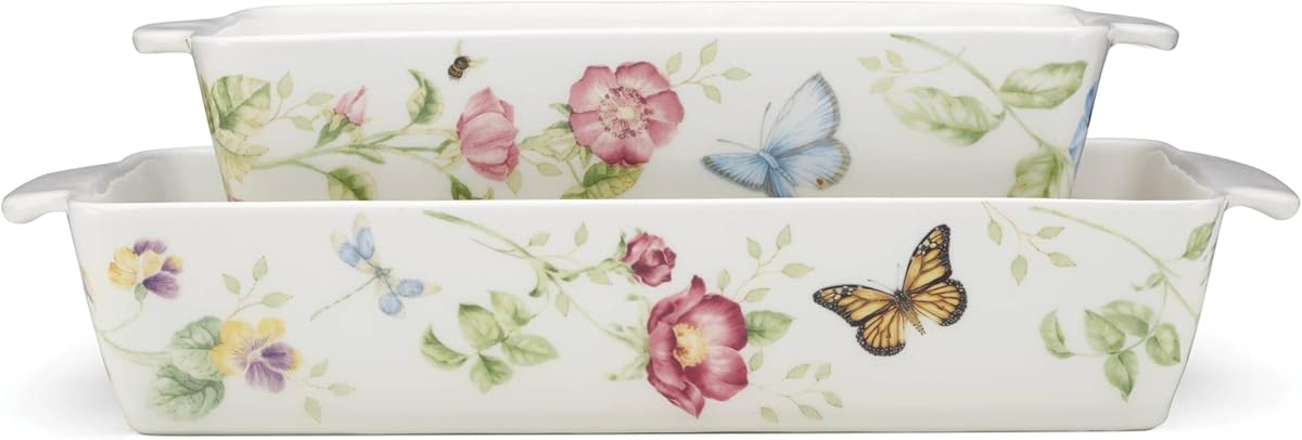 Butterfly Meadow Rectangular Baking Dish, 2-Piece Set | dishwasher safe, microwave safe | 13 x 9 inch, 124oz capacity | floral design | 2.75 inch, gift for women