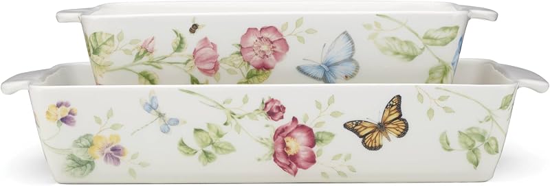 Butterfly Meadow Rectangular Baking Dish, 2-Piece Set | dishwasher safe, microwave safe | 13 x 9 inch, 124oz capacity | floral design | 2.75 inch, gift for women