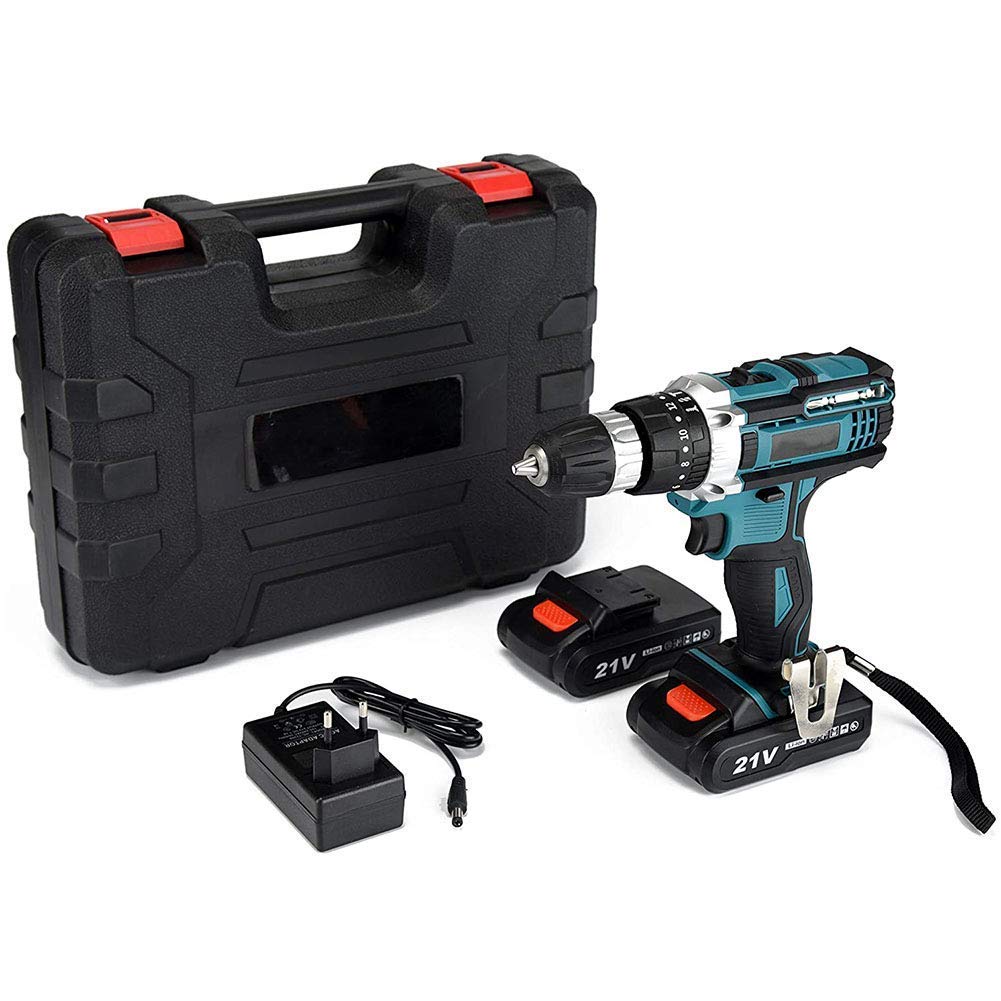 Trapano Avvitatore a Batteria da 21 V, Batteria al Litio 2x1500mA, 32 NM di Coppia, 2 velocità, Faro da Lavoro a LED, per progetti Fai da Te e bricolage, Caricabatterie Incluso