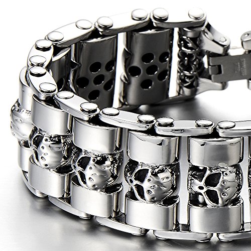 COOLSTEELANDBEYOND Heavy and Study Mens Stainless Steel Biker Skull Bracelet Silver Black Two-Tone Polished4