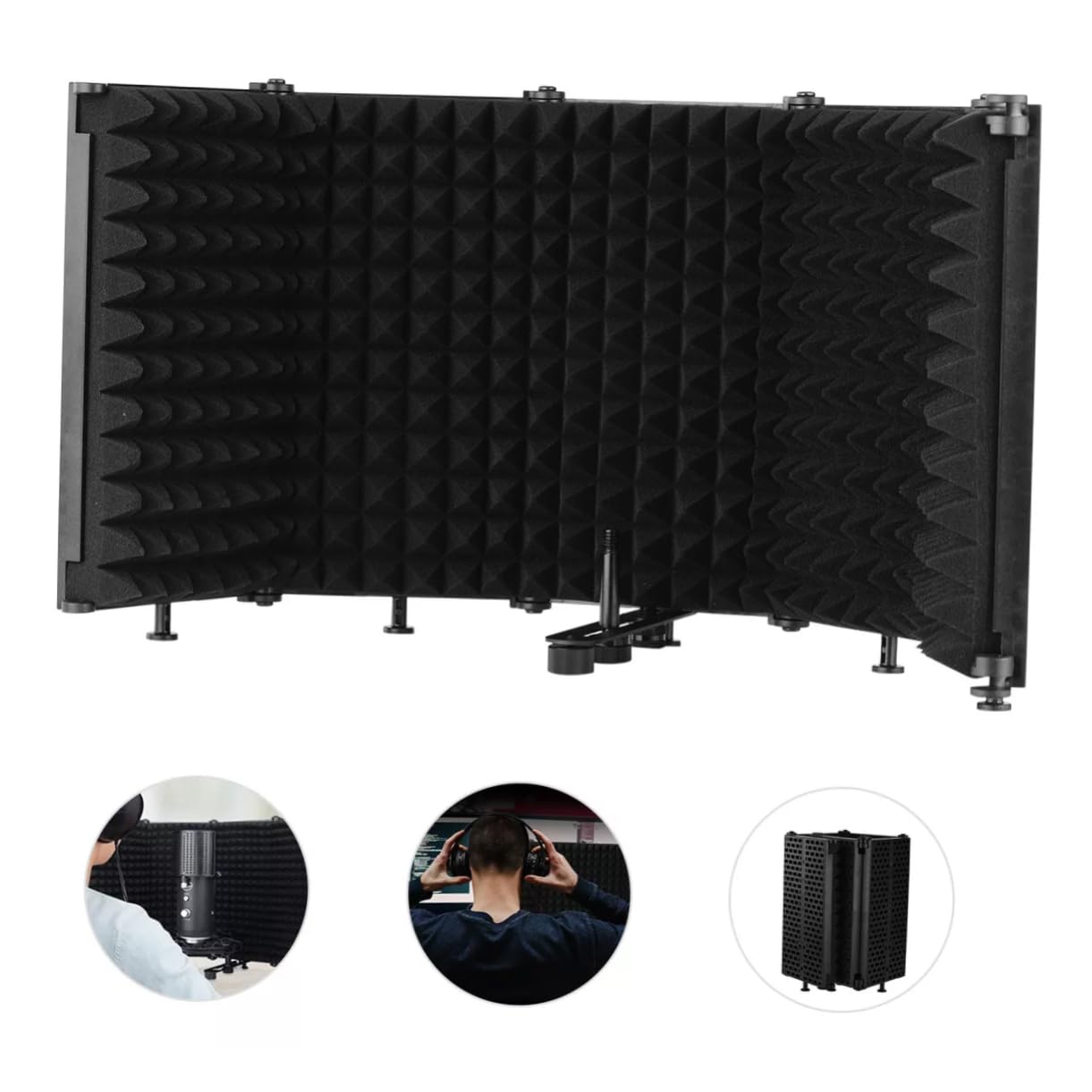 Protector de Aislamiento para Micrófono Plegable Negro de Abs | Pantalla Acústica para Grabación, Uso en Estudio y Mesa, Incluye Tornillos 3/8 a 5/8