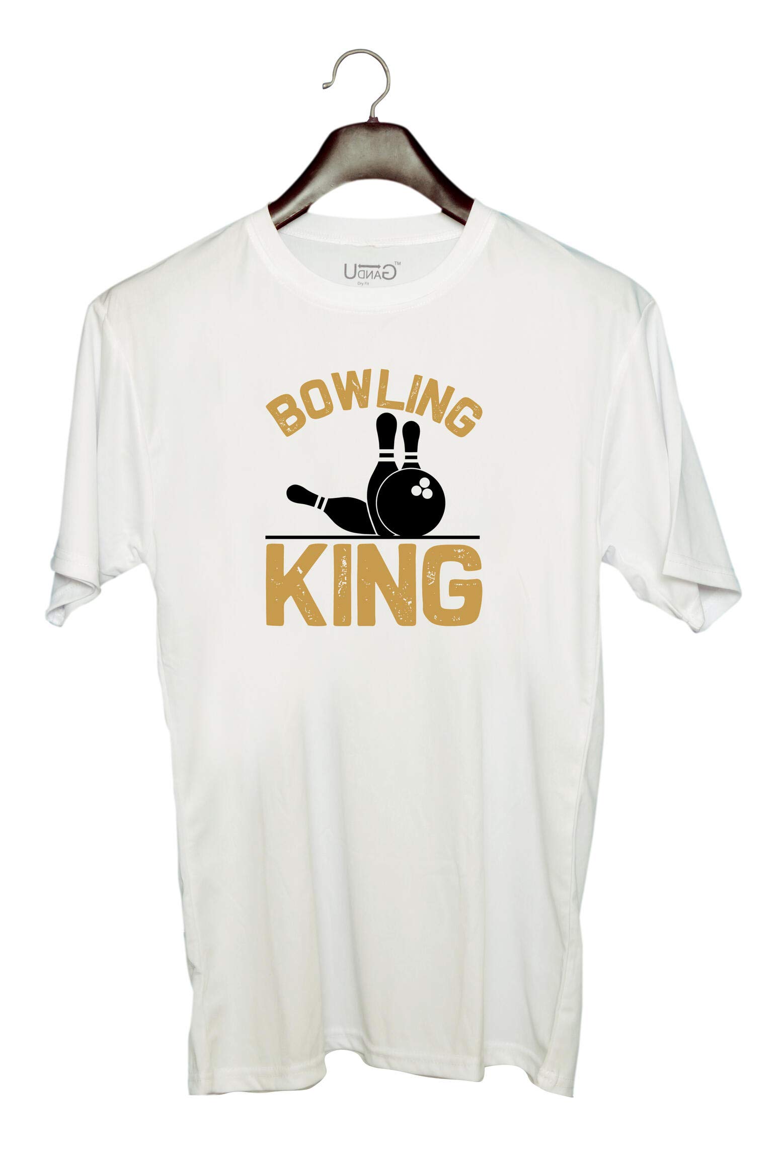 UDNAGUnisex Round Neck Graphic 'Bowling | Bowling King' Polyester T-Shirt White [Size 2YrsOld/22in to 7XL/56in]
