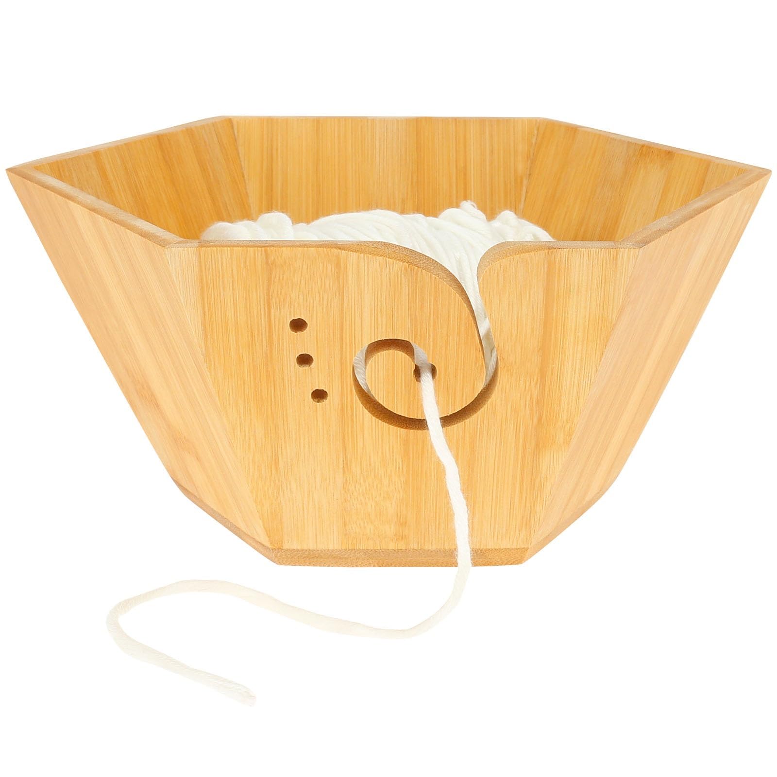 Cuenco Para Tejer Cuenco de hilo madera, cesta almacenamiento grande lana con agujeros, organizador soporte for tejer DIY, herramienta tejido y ganchillo