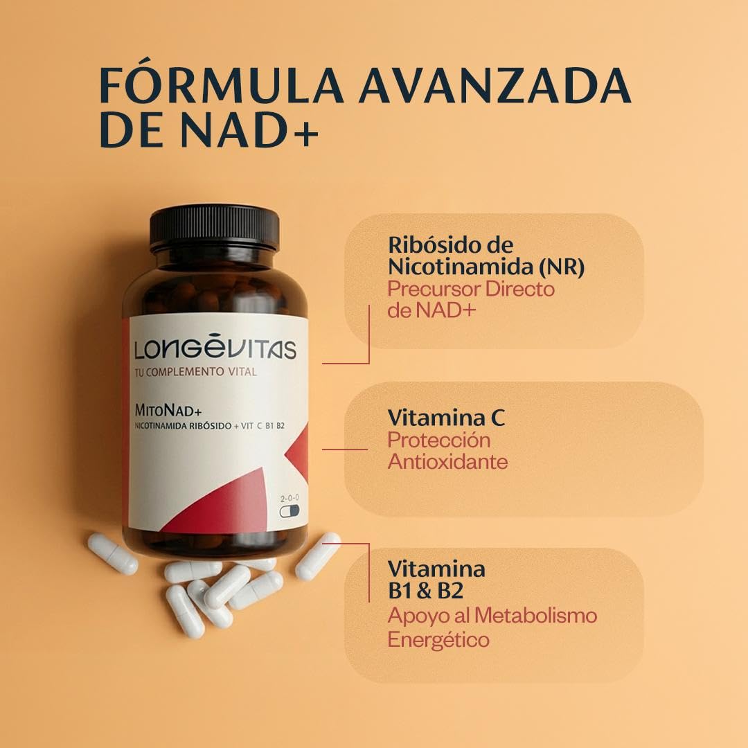 Longévitas MitoNAD+, Nicotinamida Ribósido NAD Booster, 1 Mes (60 Cápsulas) | Con Vitamina C y B1 B2, Comité Científico Dr. Aguilera, Soporte Mitocondrial, Fabricado en España, ISO9001