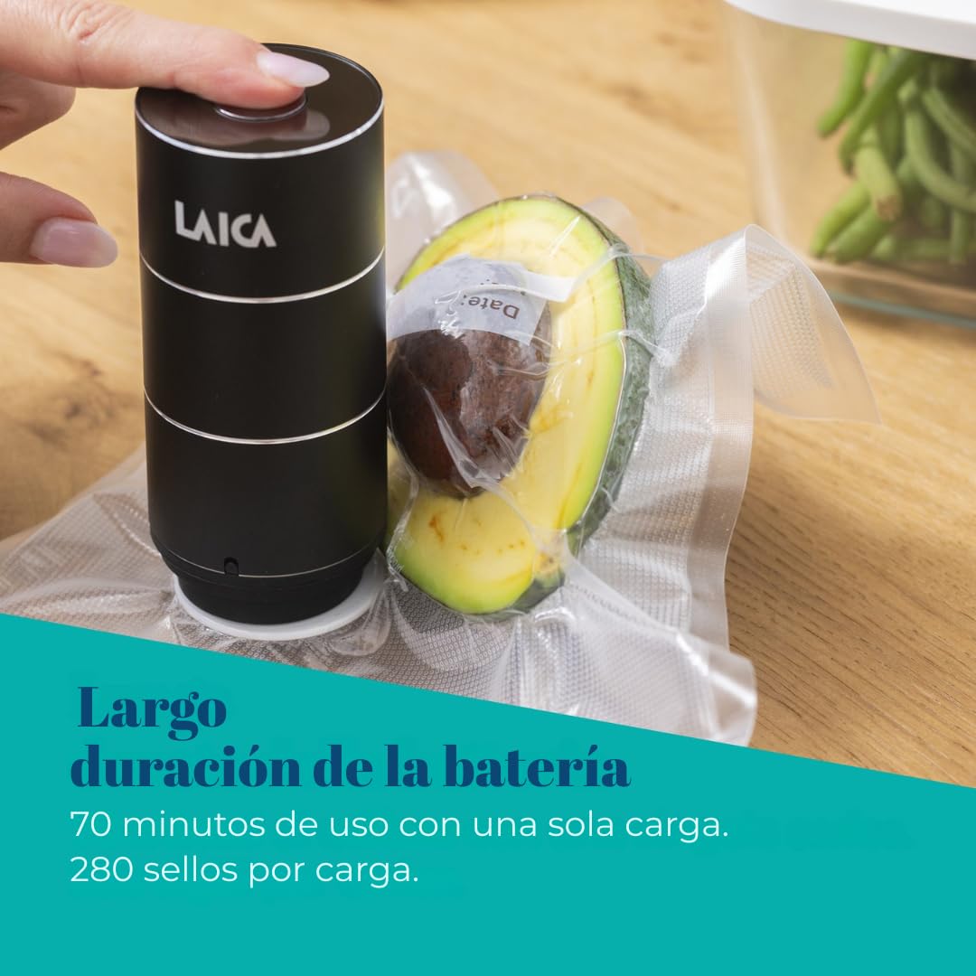 LAICA Mini bomba de vacío recargable - 10 bolsas reutilizables incluidas - Ideal para conservar alimentos hasta 5 veces más tiempo - Ahorra espacio, práctica y portátil | Portátil, batería de larga duración, conserva hasta 5 veces más tiempo, compatible c