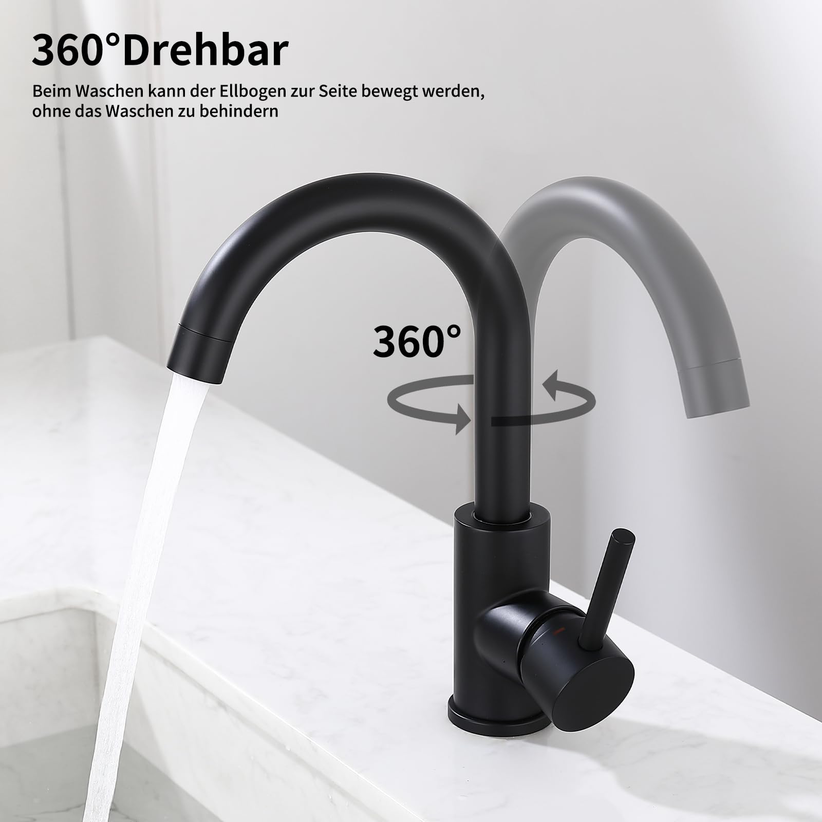 HOMELODY Niederdruck Armatur Bad/Küche Schwarz Waschtischarmatur 360° Drehbar Wasserhahn Bad Armatur Waschbecken Mischbatterie Einhebelmischer Waschbeckenarmatur
