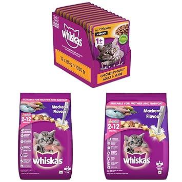 Whiskas Wet Cat Food, Chicken in Gravy Flavour, 12 Pouches & Dry Food for Kittens (2-12 Months), Mackerel Flavour, 1.1kg Pack & Dry Food for Kittens (2-12 Months), Mackerel Flavour, 450g Pack