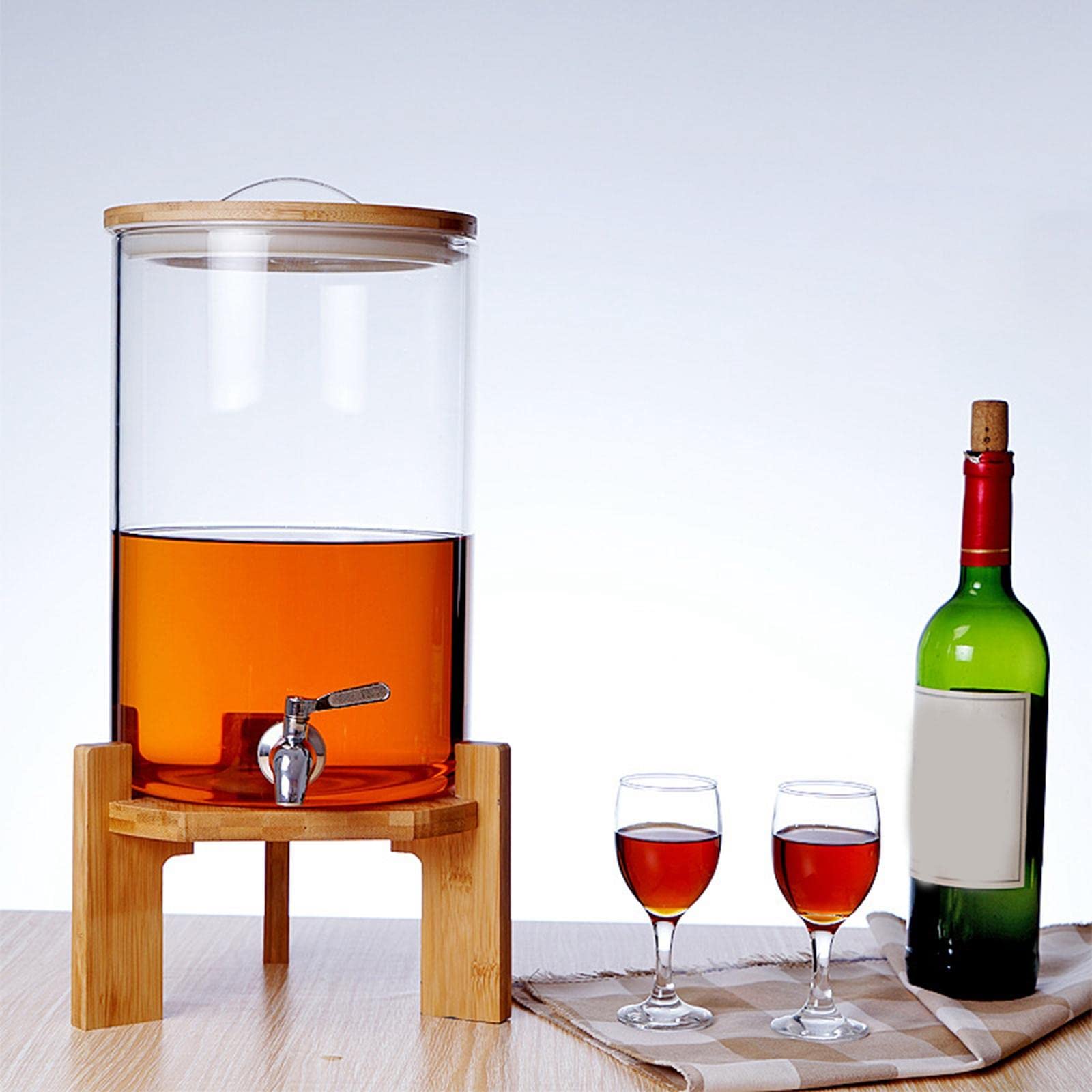 Glas Getränkespender mit Edelstahlfilter Borosilikat Getränkefass Leakproof Behälter mit Bambusdeckel Und Ventil für Restaurant Hotel Gartenparty, 8L