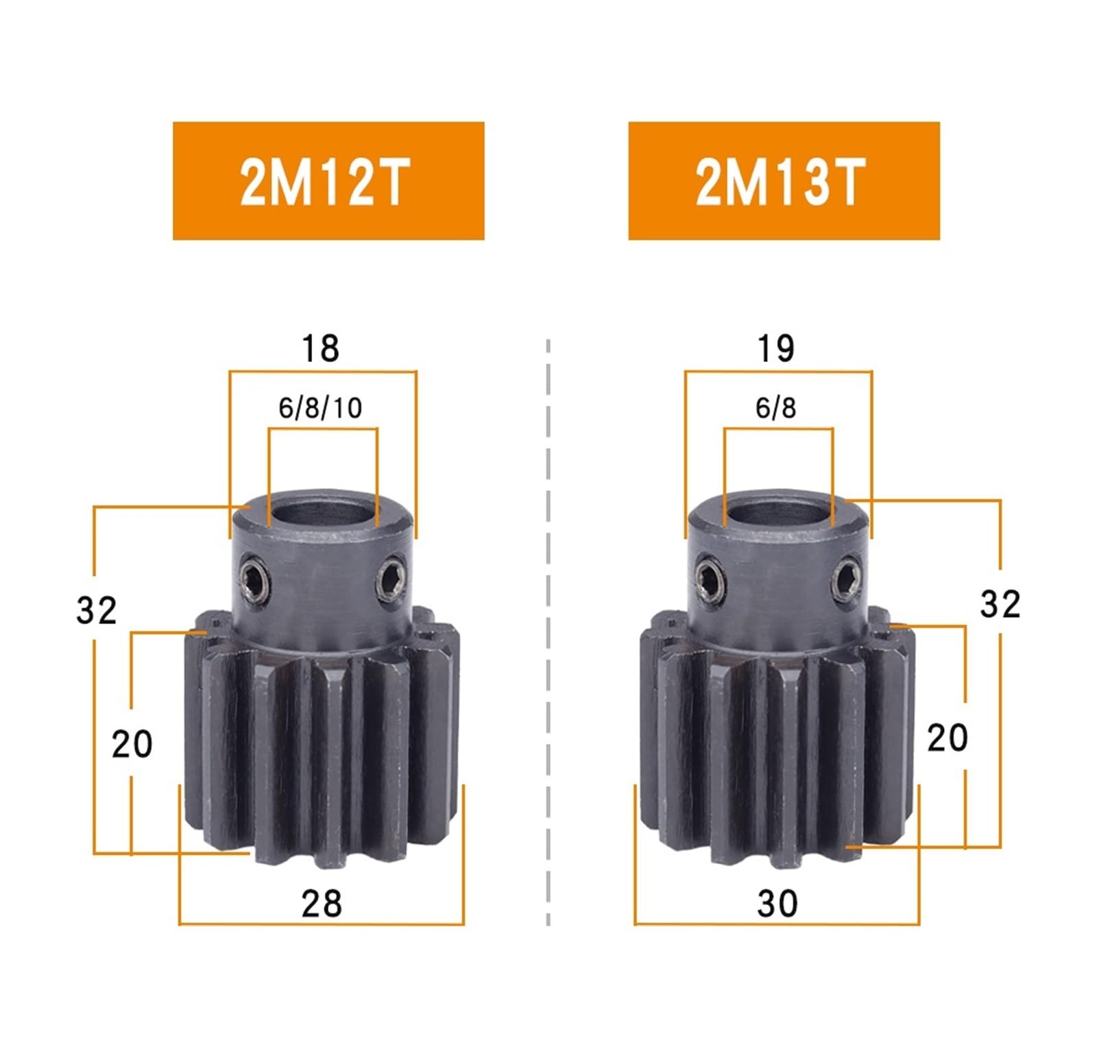 Bevel Gear Pinion Hardware Mechanical Spur Gear 2 Module-12T/13T Bore Size 6/8/10mm Transmission Gears Carbon Steel Teeth Height 20mm(2M12T - Bore 10 mm)