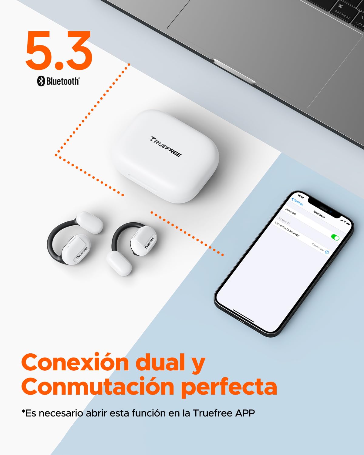 truefree O1 Auriculares de Oreja Abierta, Deportivos Bluetooth 5.3 | Conducción de Aire, 4 Mic Llamadas Claras, Conductores de 16,2 mm, 45 Horas de Reproducción, Blanco