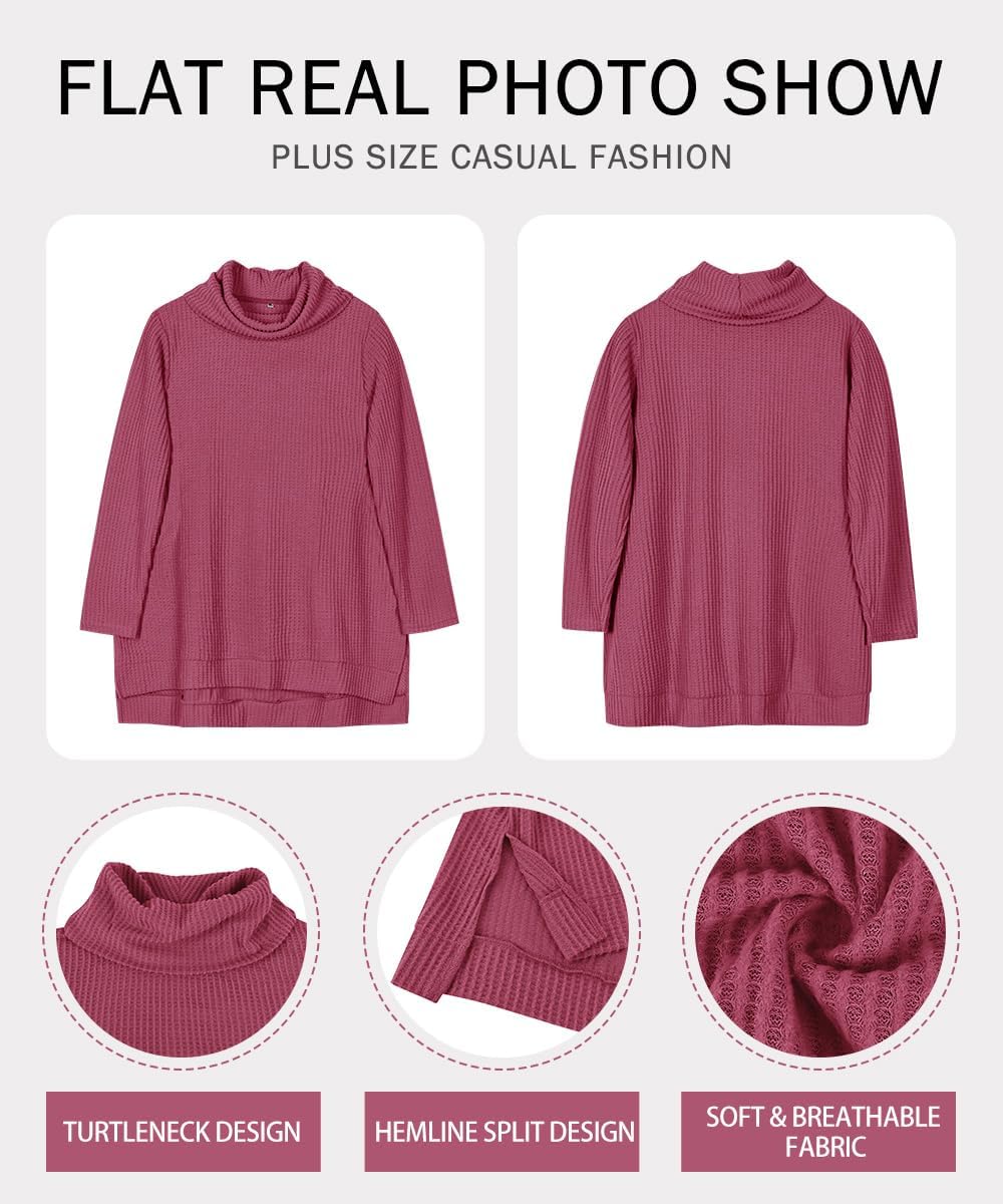 RITERA Women's Plus Size Waffle Tops Long Sleeve Turtleneck Sweater Shirts Knit Tunic Oversized Casual Pullover Blouse XL-5XL - Image 5