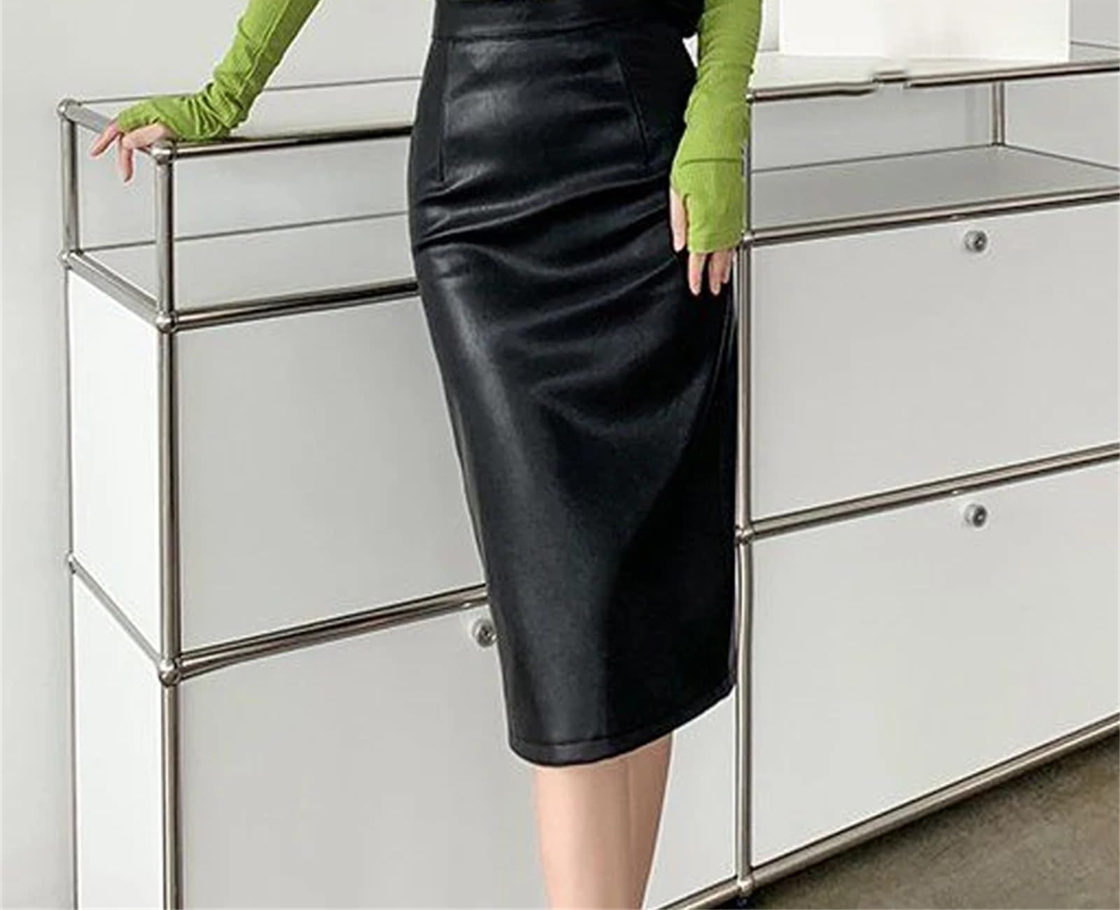 Nero Faux PU Donne Wrap Gonne Vita Alta Midi Gonna Signore Sottile Tubino Gonne