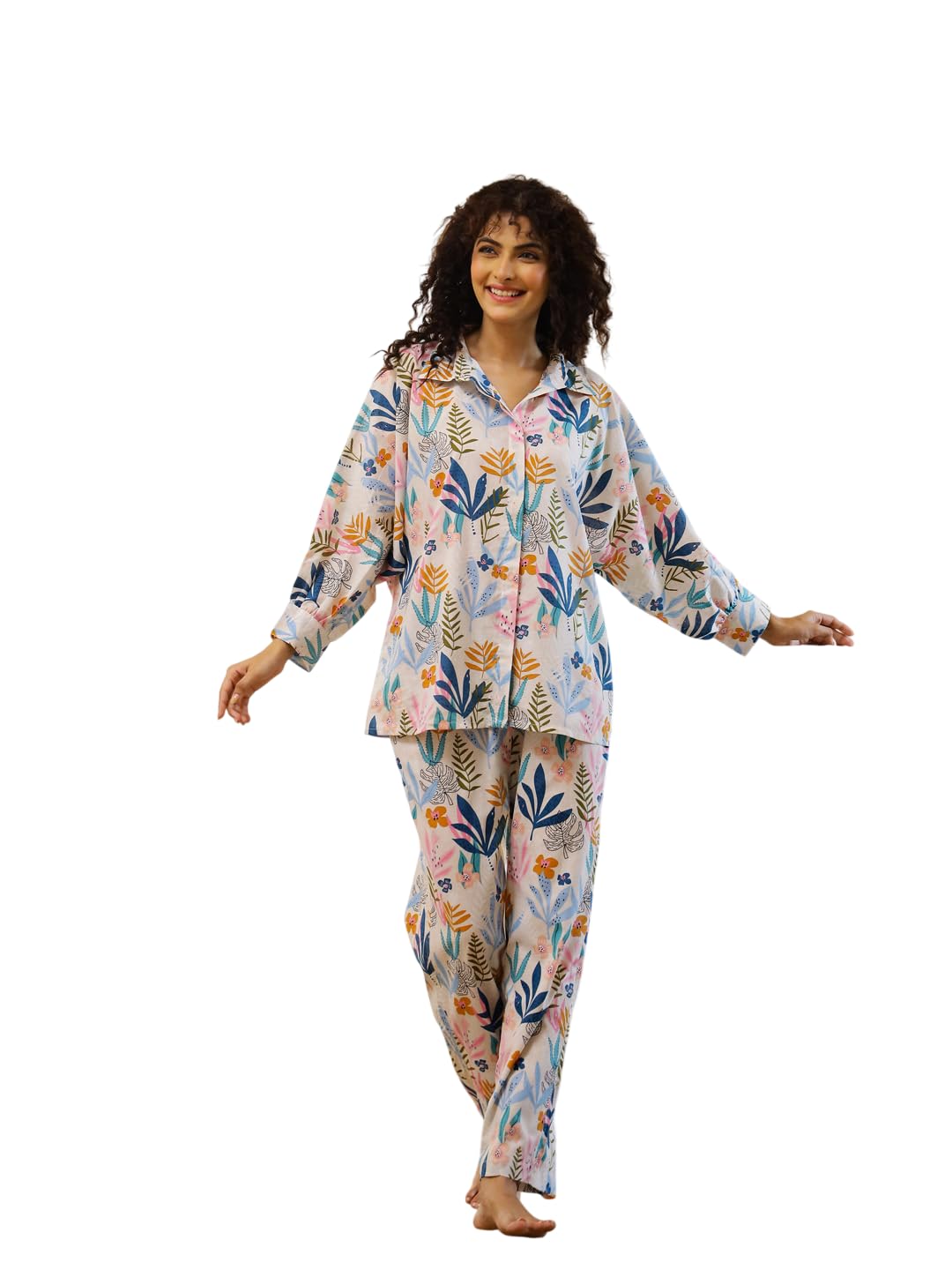 Women's 100% Cotton Floral & Leaf Printed Nightsuit & Loungewear Set | Premium Cotton Nightwear & Sleepwear | Soft, Breathable & Comfortable Everyday Loungewear for Women-image-47