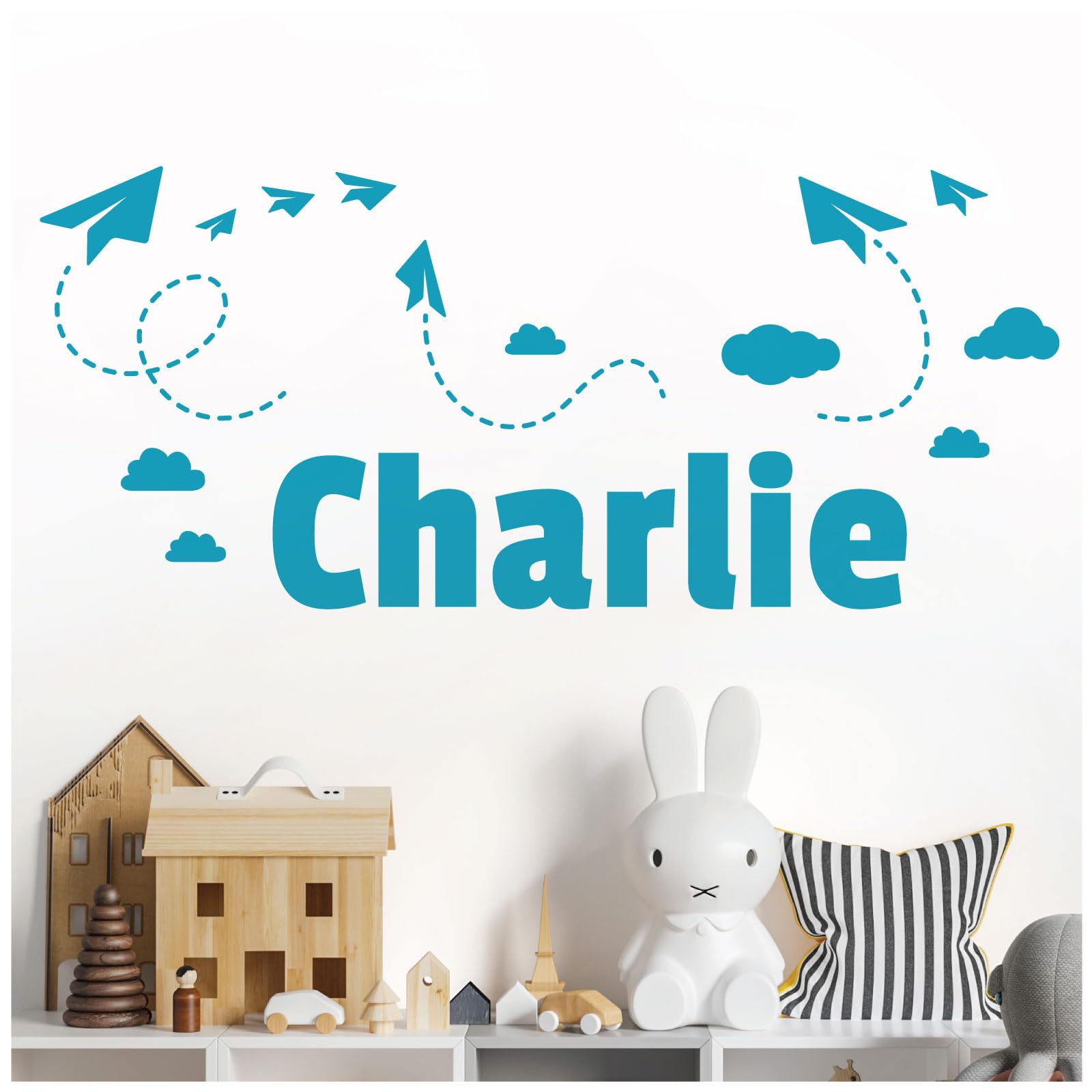 Personalised Name Children Wall Art Sticker - Sky, Paper Planes and Clouds [Large] [Sky]