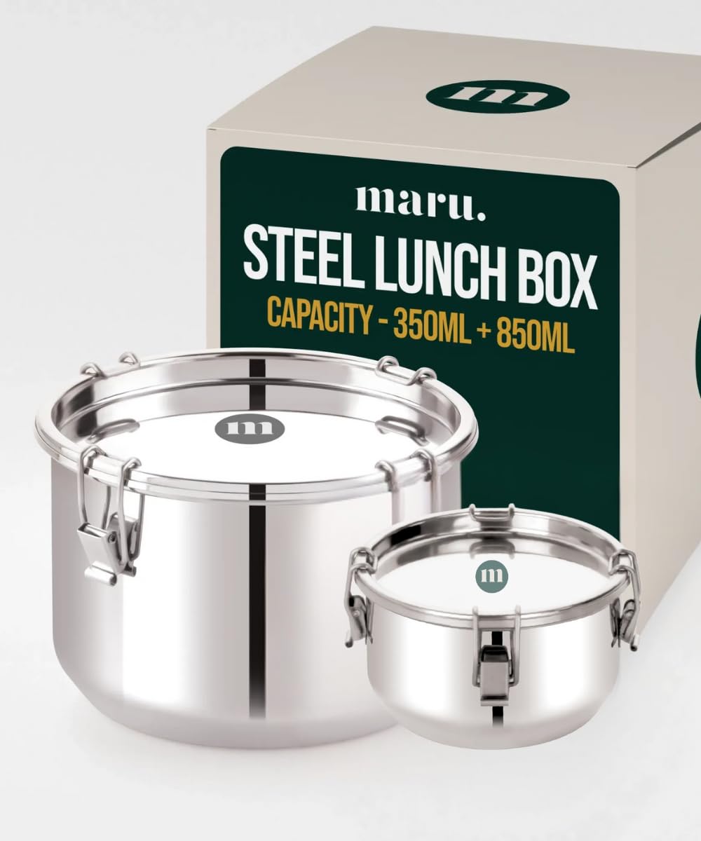 Stainless Steel Lunch Box, Durable and Leakproof Clipper Tiffin Box, Ideal for School, College & Office (350ml+850ml)
