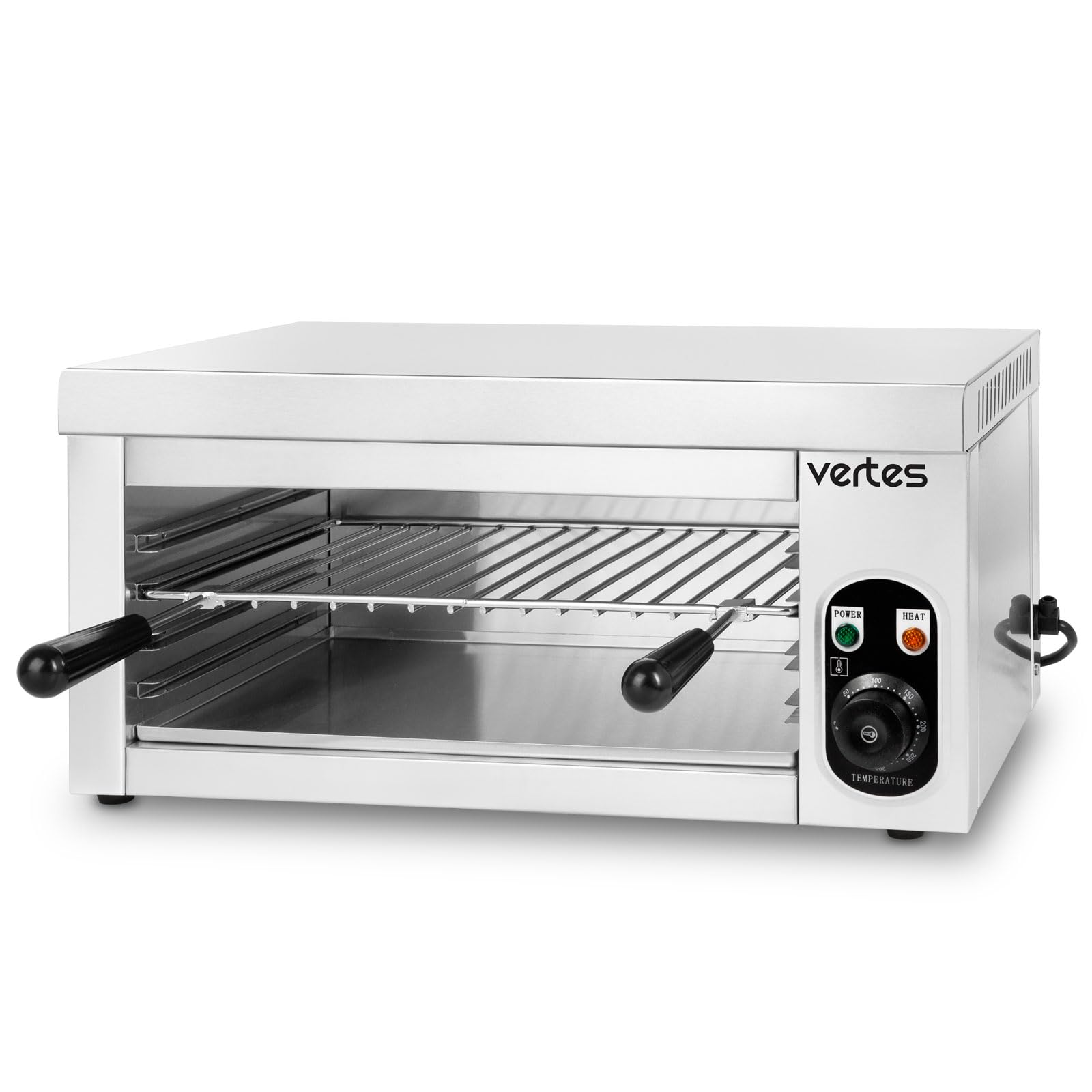 VERTES Salamander Grill, altura 280 mm, regulable 50 – 300 °C, 2000 W, horno gastronómico para hornear, gratinar, caramelizar y mantener caliente los alimentos, carcasa de acero inoxidable