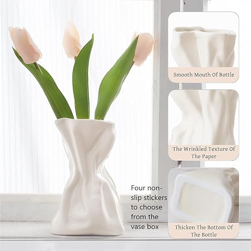 Miniatura 3 de Florero bohemio blanco acanalado para flores, bolsa de papel con diseño de jarrón de cerámica para arreglos florales, decoración de habitación