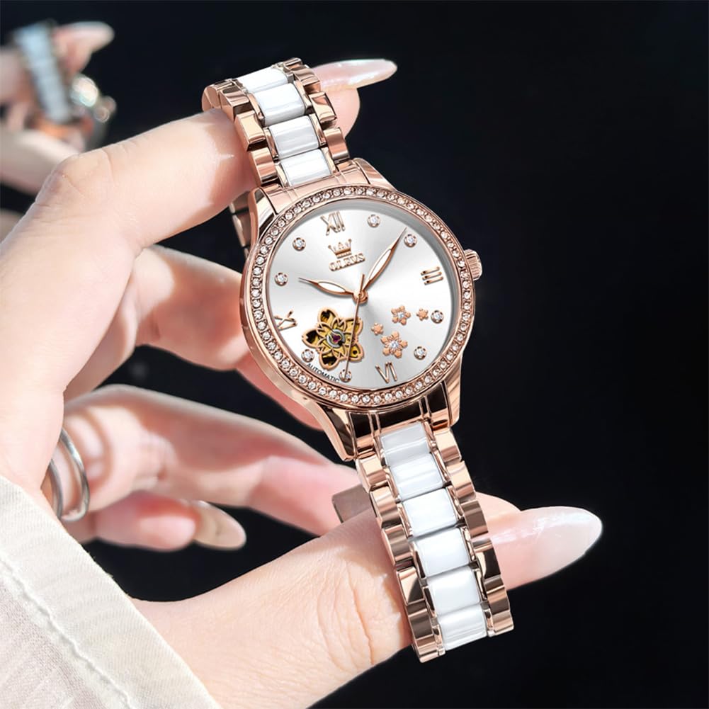 OLEVS Orologio automatico da donna in acciaio inossidabile con diamante a carica automatica, orologio luminoso e impermeabile