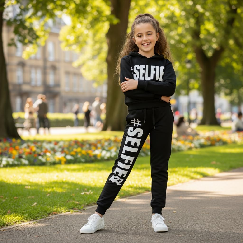 Kids Girls Jogging Suit Designer #Selfie Tracksuit Hooded Crop Top Bottom 5-13Yr