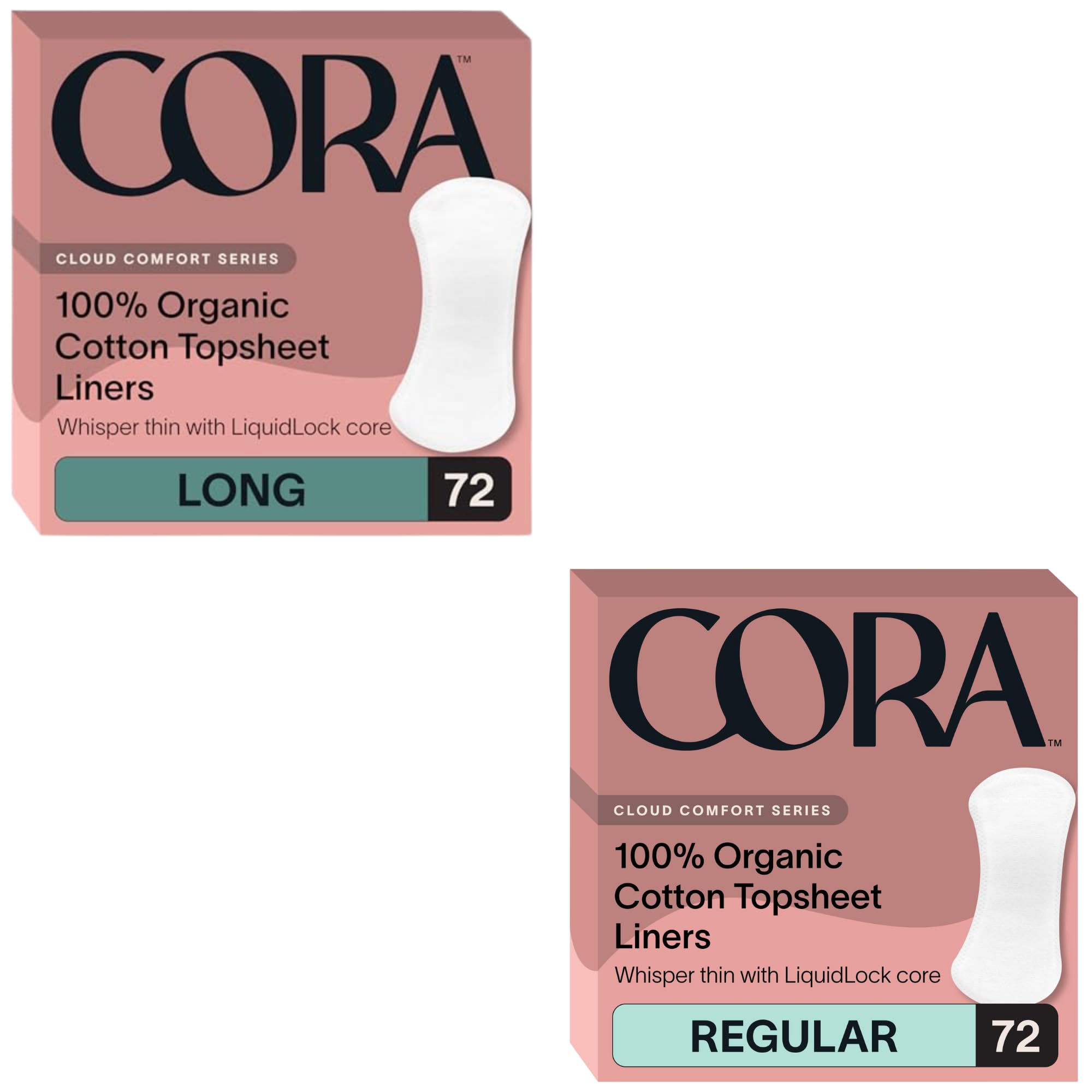 Cora Organic Feminine Care 72 Long Ultra Thin No Wings Liners and 72 Regular No Wings Liners Ultra-Absorbent
