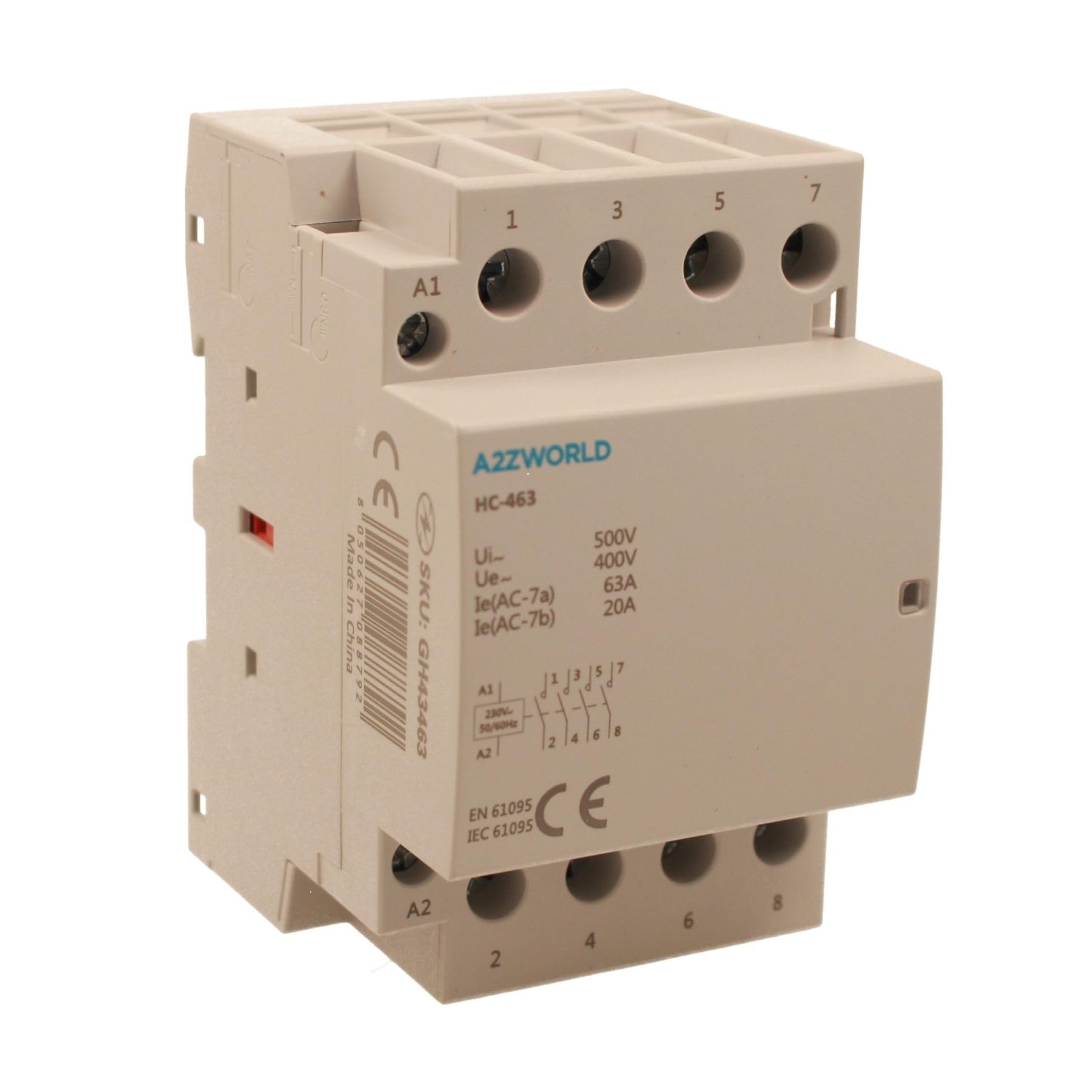 Teleruttore Contattore Modulare Trifase 4P 4NO, 63A 380V AC, 3 Moduli DIN, Certificato IEC61095 IEC60947-4-1, IP20, Serie HC-463 Professionale
