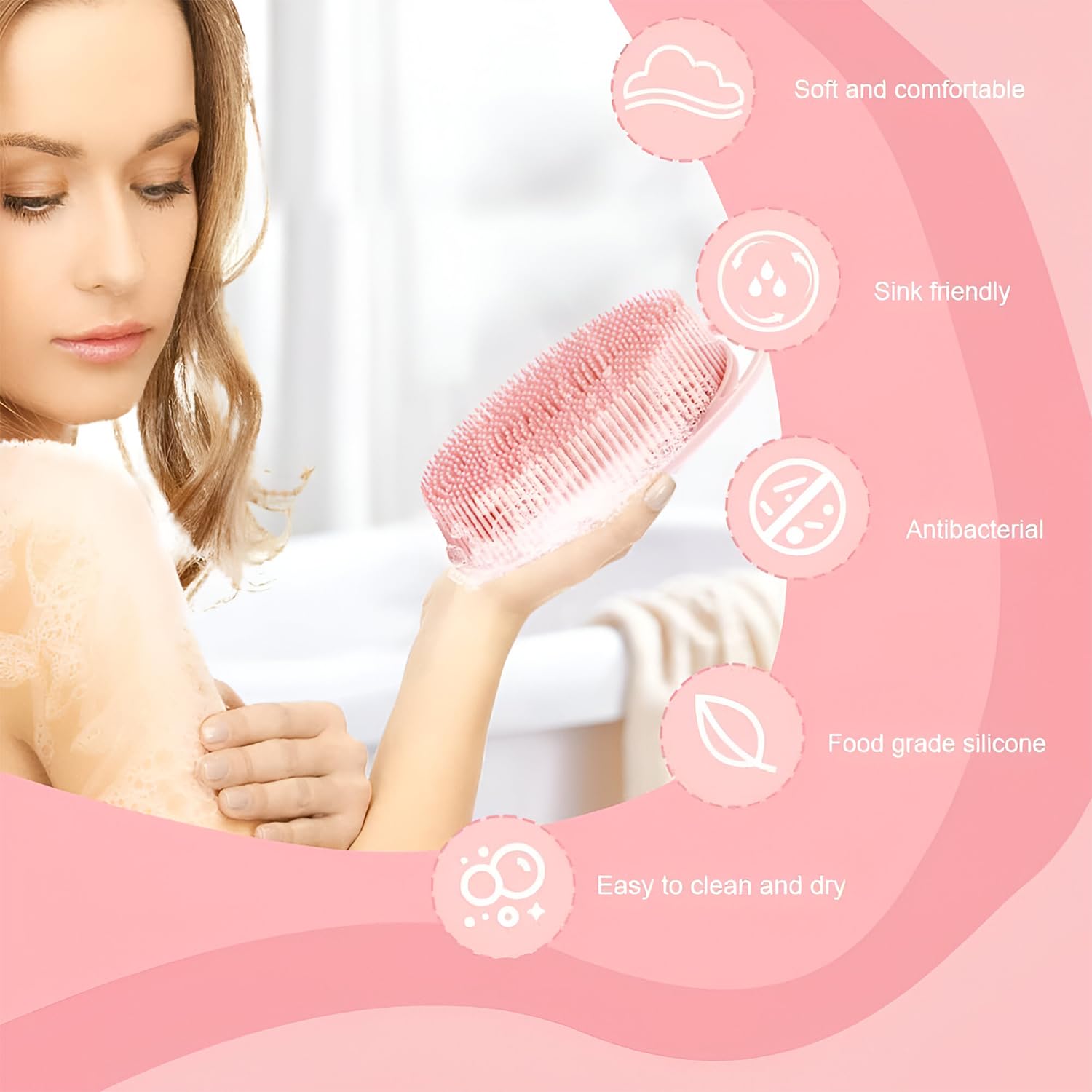 2-in-1 Silicone Body and Shampoo Brush, Exfoliating Bath Scrubber, Scalp Massager with Flat Head (Pink) 2-in-1 Silicone Body and Shampoo Brush, Exfoliating Bath Scrubber, Scalp Massager with Flat Head (Pink)