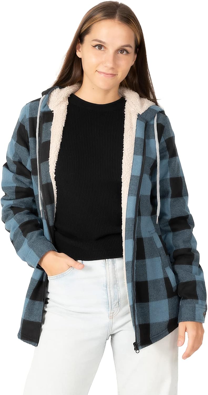 ZENTHACE Womens Sherpa Lined Flannel Jacket Winter Full Zip Up Hooded Plaid Shacket with Side Pockets