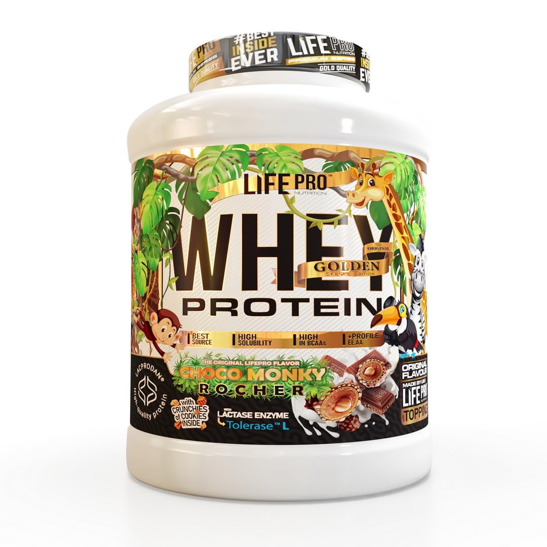 Life Pro Whey Gourmet Edition 2kg | Alimento deportivo de Concentrado de Suero de Leche | Enriquecido con Tolerase para una digestión más suave | Sabores exclusivos (CHOCO MONKY ROCHER)