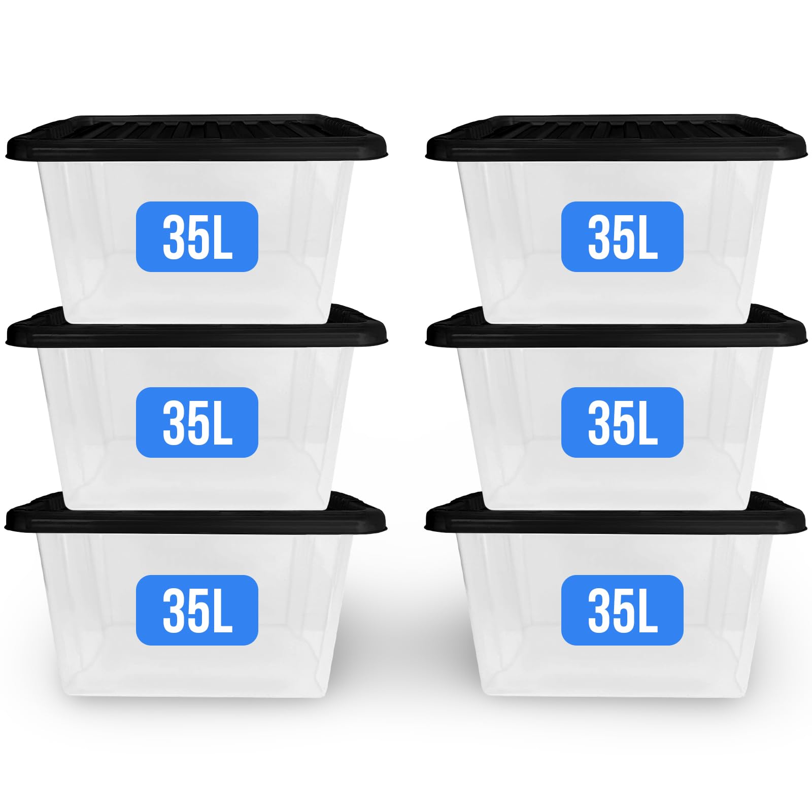 Kapco Clear 35L Storage Boxes With Black Lids – Medium Organiser Plastic Tubs (6 Pack) – Stackable, & Bpa Free | Perfect For Kitchen Storage, Garage Boxes, Camping, Or Home Moving Boxes | 35 Litre