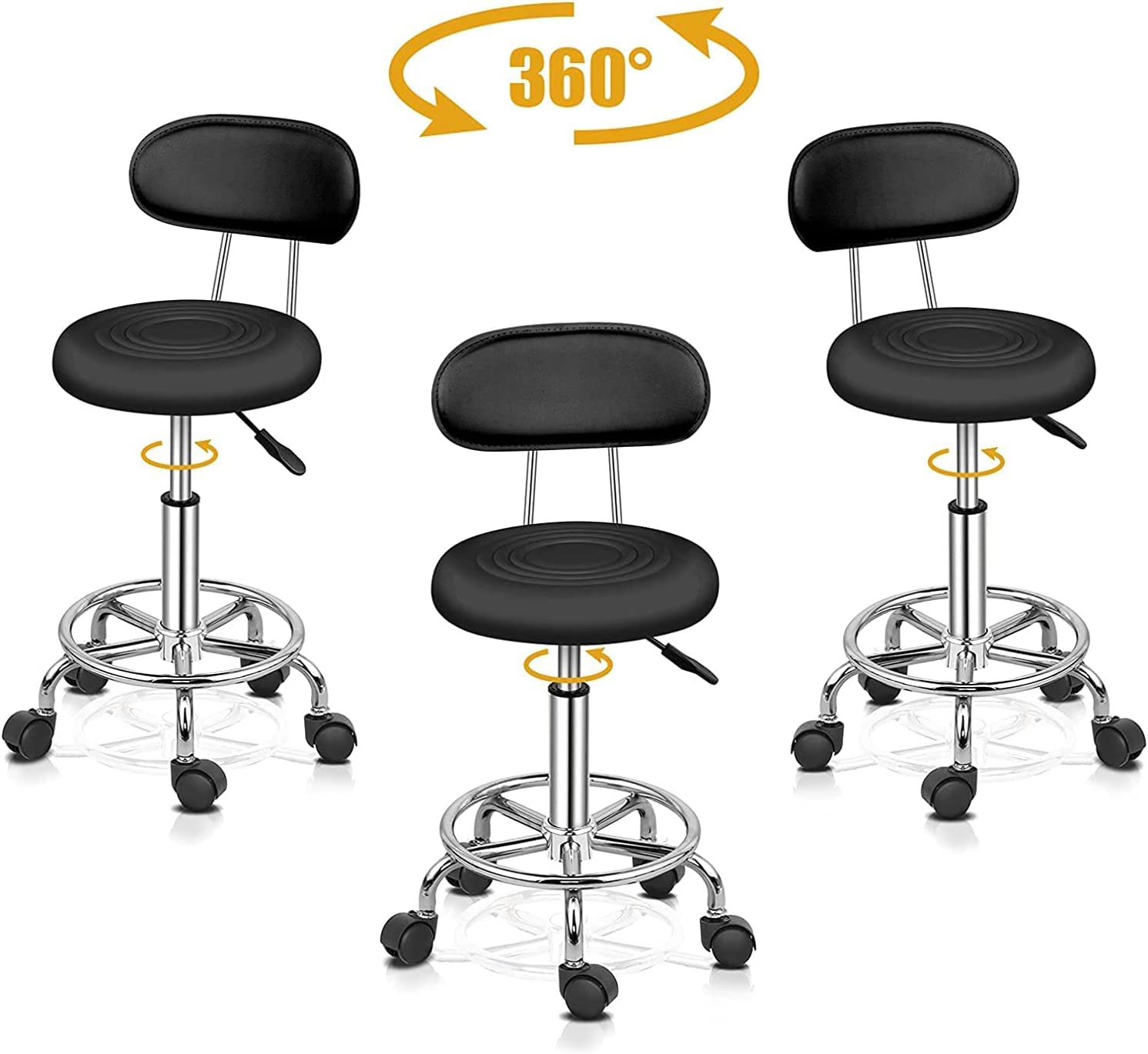 Ergonomischer Rollhocker mit Rückenlehne Arbeitshocker Drehhocker Rollhocker 360° drehbar Höhenverstellbarer 48-58cm für Büro Salon (Schwarz, 1)