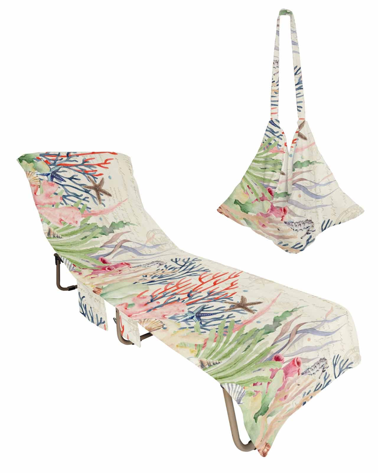 Coastal Coral Beach Lounge Chair Towel Cover, Soft Chaise Lounge Towel with Side Pockets Patio Pool Chairs Cover for Beach/Pool Sunbathing 29x85 Summer Beach Seaside Nautical Coral Vintage